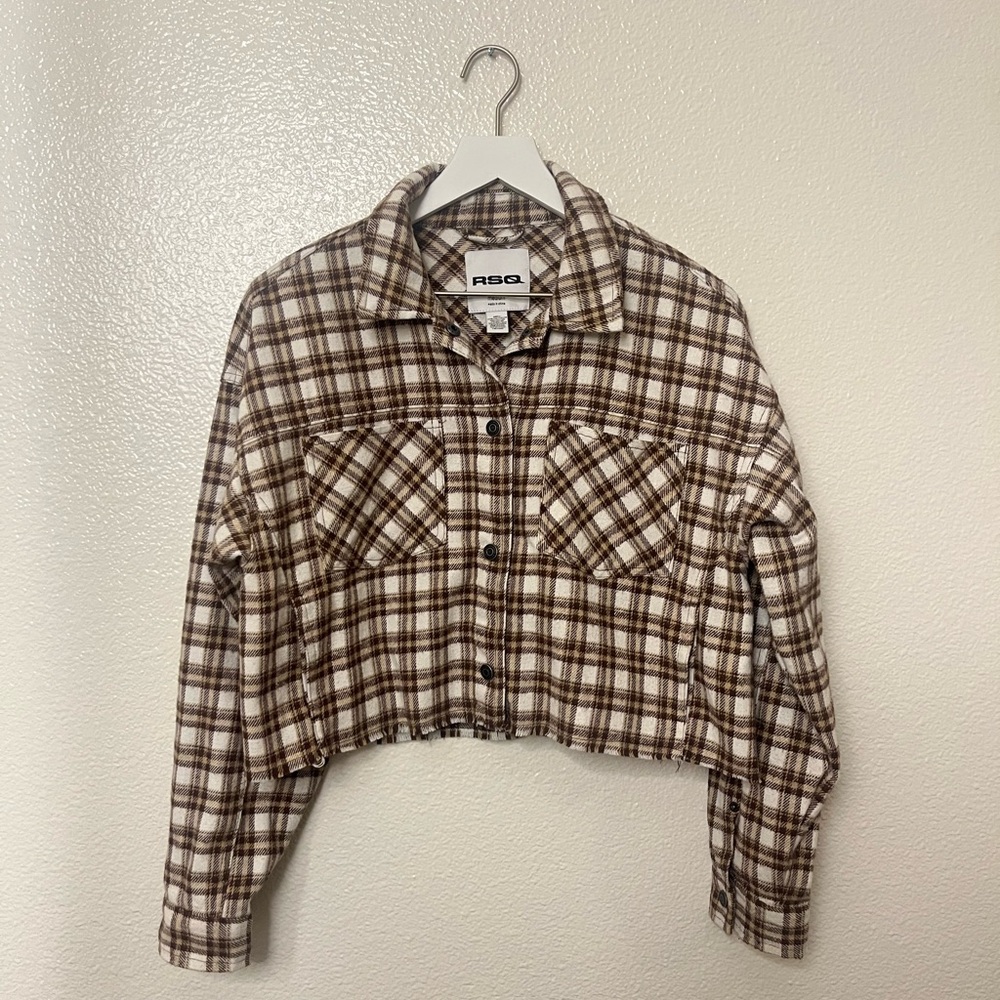 RSQ Brown Plaid Cropped Shacket layering top